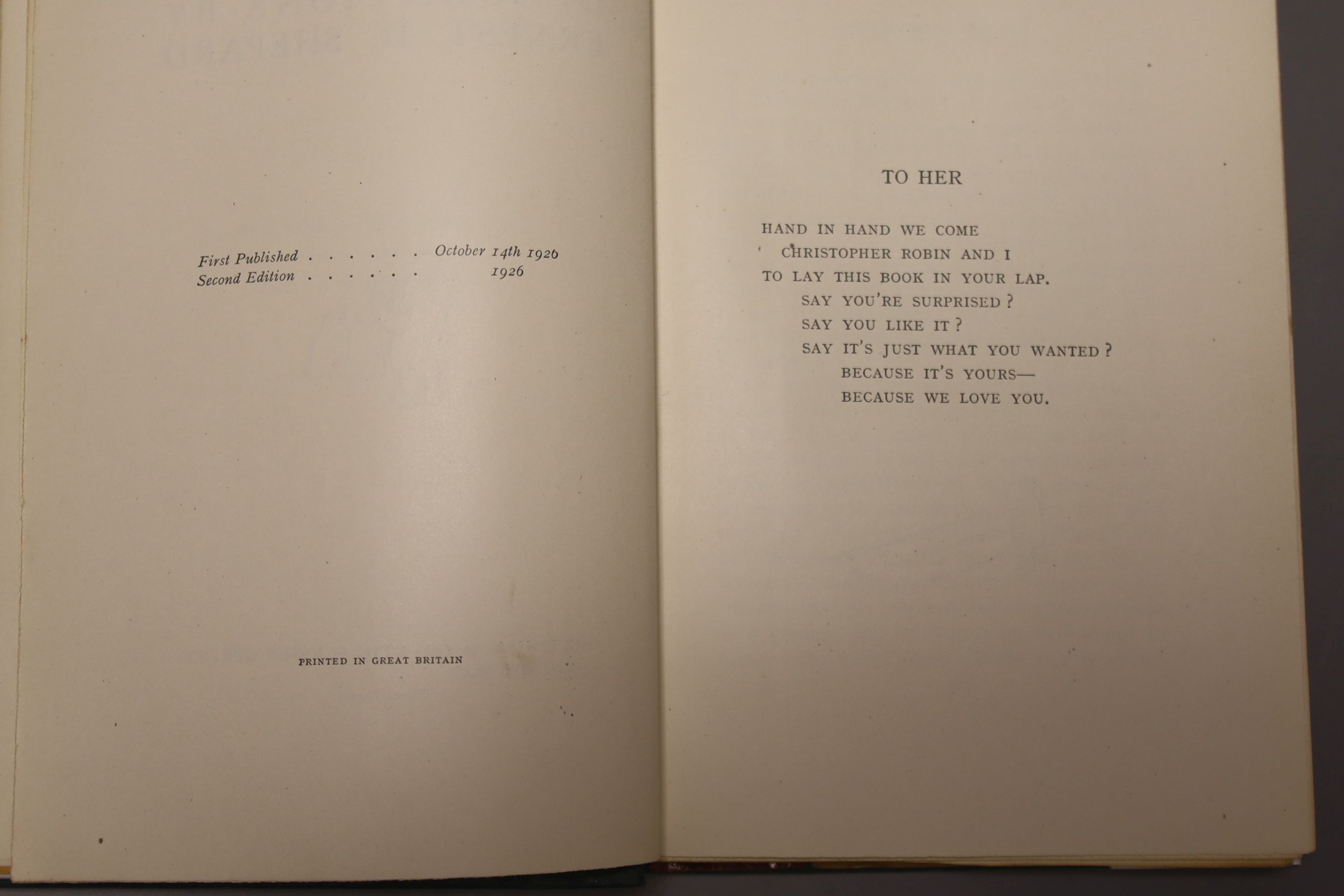 Milne, A.A., 'Winnie The Pooh', 8 vols, (d.j. present, some tears and losses, Methven & Co. Ltd., 2nd edition, together with Milne, A.A. 'Now We Are Six', 8 vols (d.j. present, some minor tears and losses, Methven & Co.,